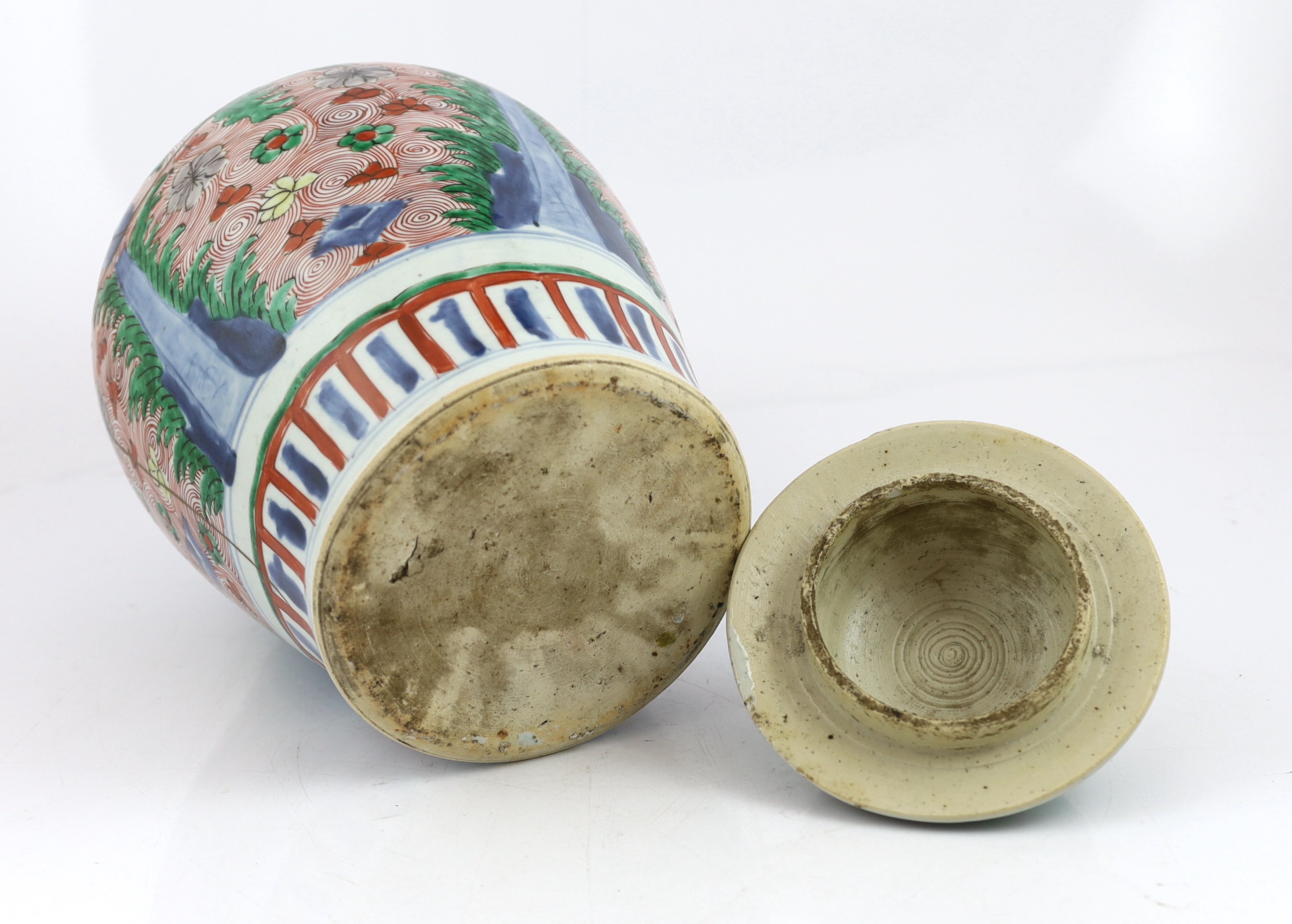 A Chinese wucai ovoid vase and cover, Transitional, Shunzhi period, broken with kintsugi style repair